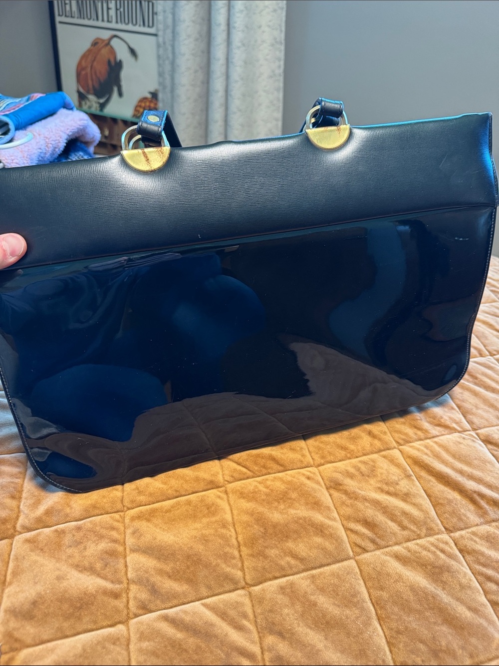 Glossy Black Patent Shoulder Bag with Gold Accents